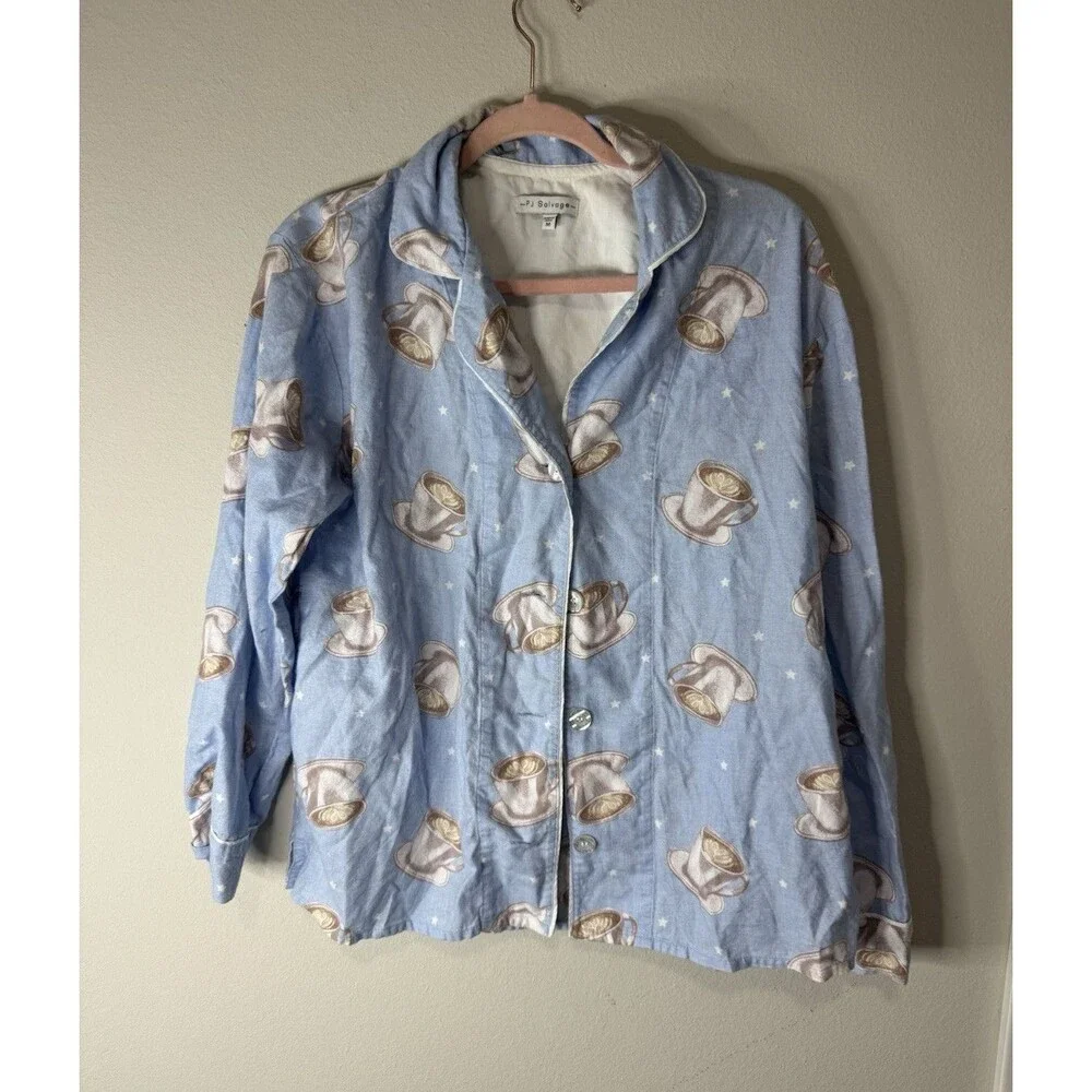 PJ Salvage Women's M Blue Cotton Flannel Button-Front Coffee Print Pajama Top